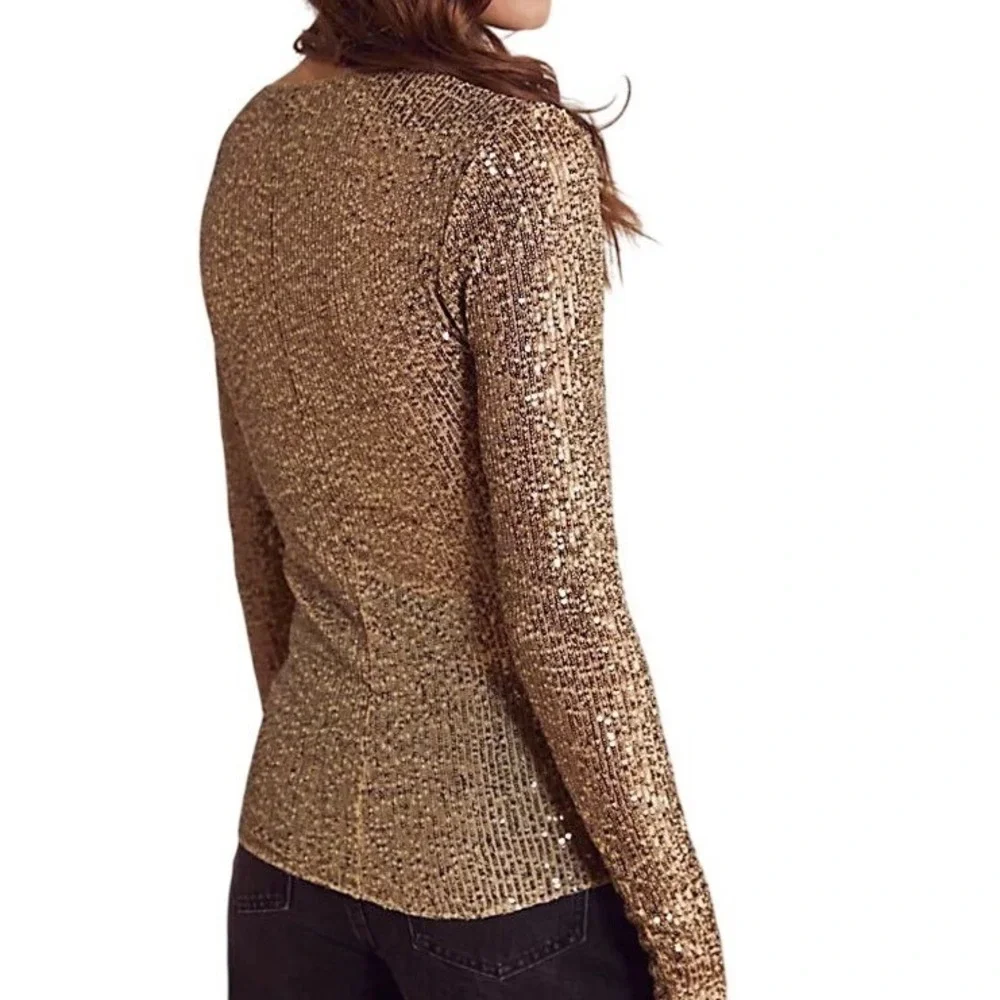 NWT Free People Intimately Gold Rush Long Sleeve Sequin Top Gold Size Large Glam